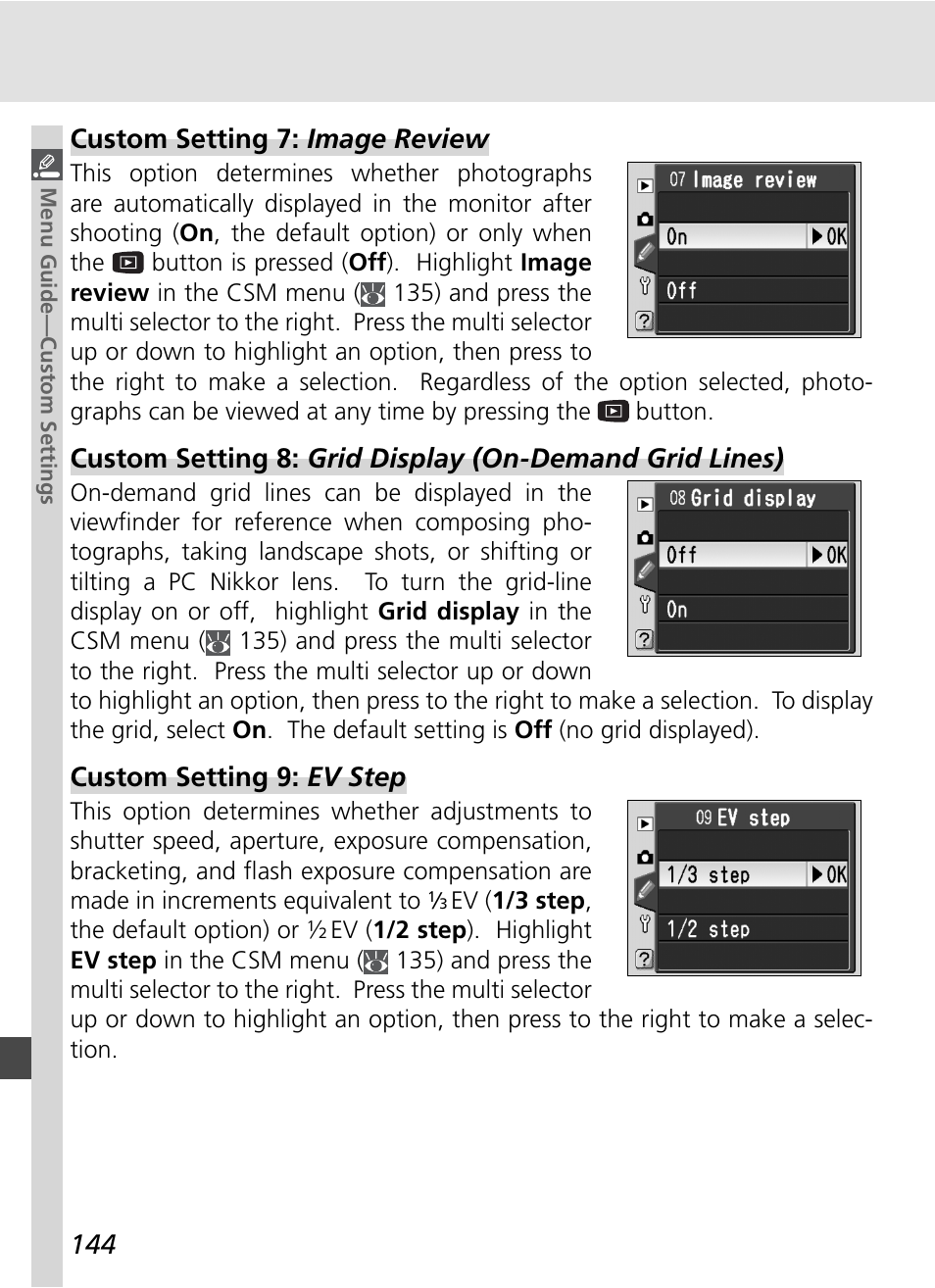 Custom setting 7: image review, Custom setting 9: ev step | Nikon D70S User Manual | Page 154 / 219