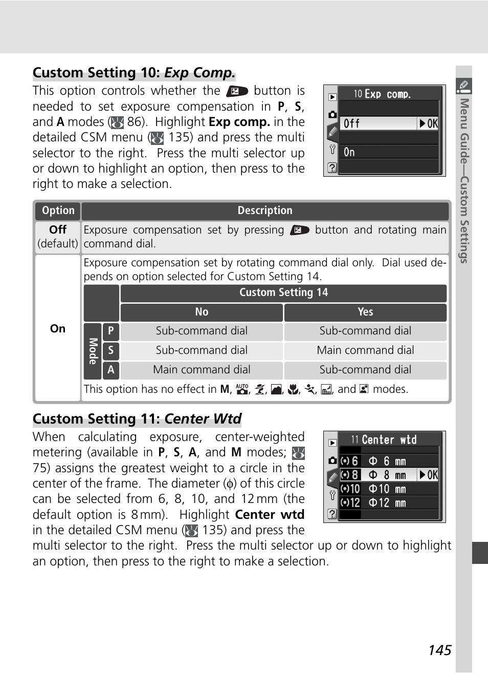 Custom setting 10: exp comp, Custom setting 11: center wtd | Nikon D70S User Manual | Page 155 / 219