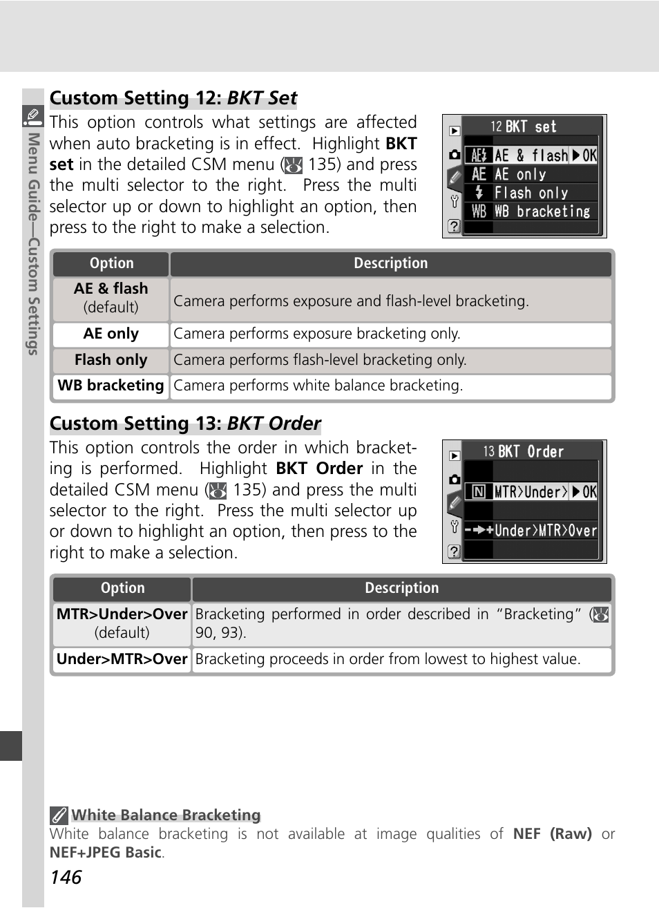 Custom setting 12: bkt set, Custom setting 13: bkt order | Nikon D70S User Manual | Page 156 / 219