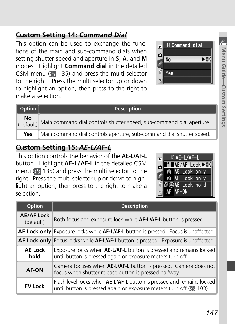 Custom setting 14: command dial, Custom setting 15: ae-l / af-l | Nikon D70S User Manual | Page 157 / 219