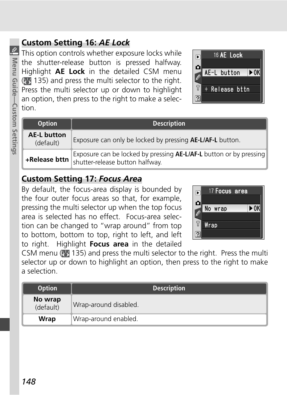 Custom setting 17: focus area, Custom setting 16: ae lock | Nikon D70S User Manual | Page 158 / 219