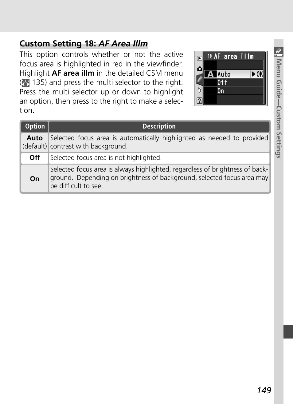 Custom setting 18: af area illm | Nikon D70S User Manual | Page 159 / 219