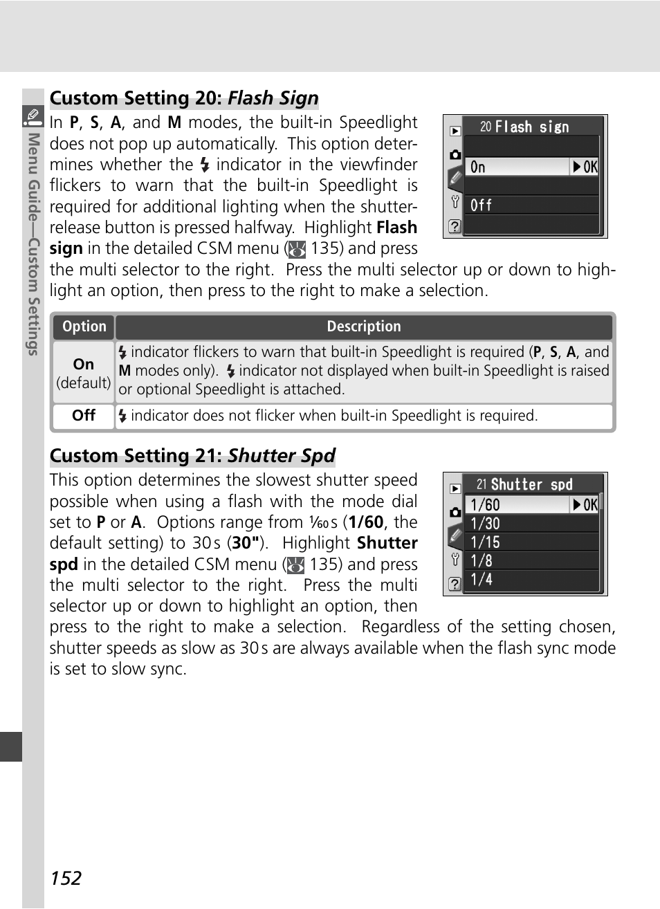 Custom setting 20: flash sign, Custom setting 21: shutter spd | Nikon D70S User Manual | Page 162 / 219