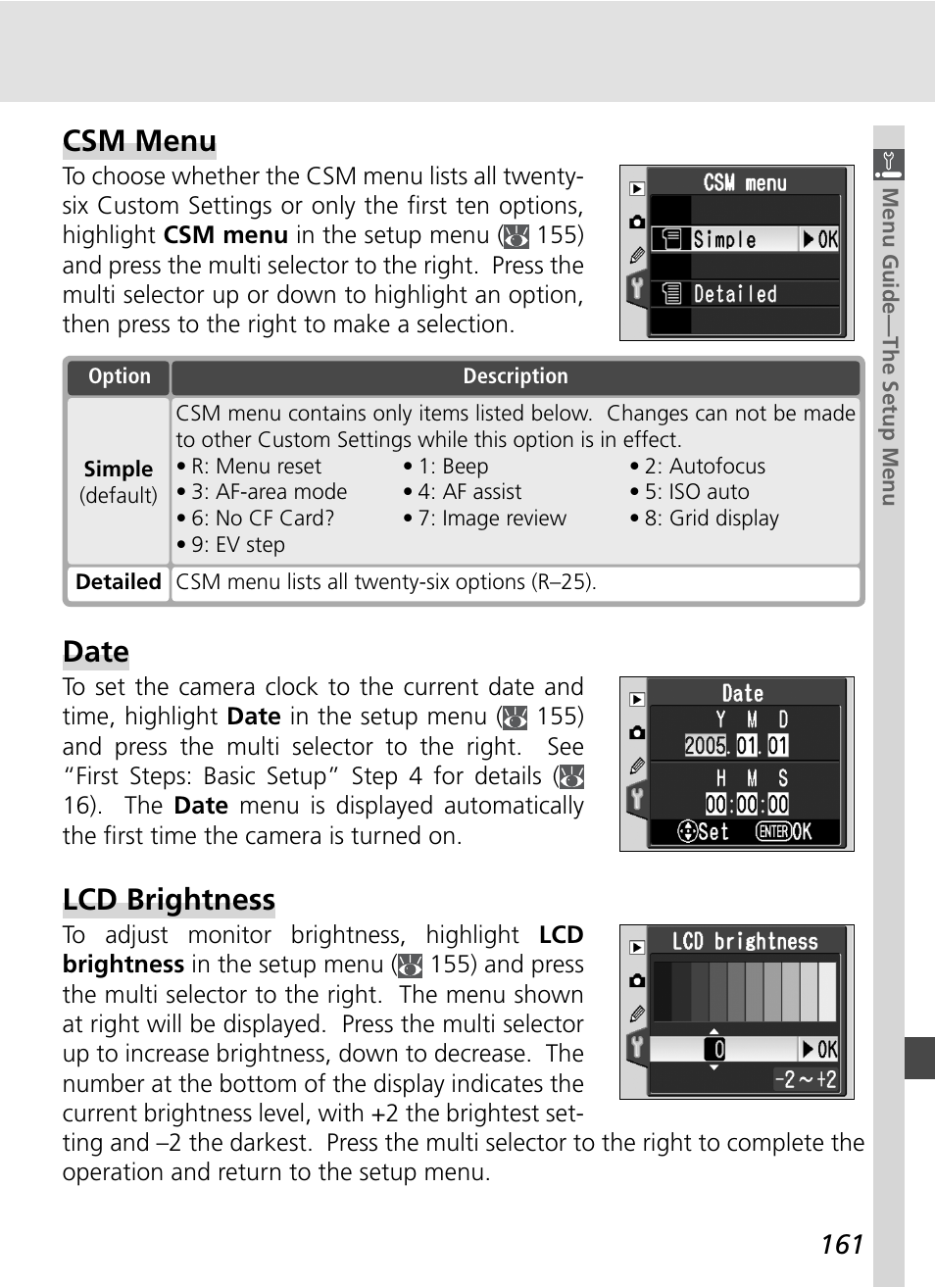 Csm menu, Date, Lcd brightness | Nikon D70S User Manual | Page 171 / 219