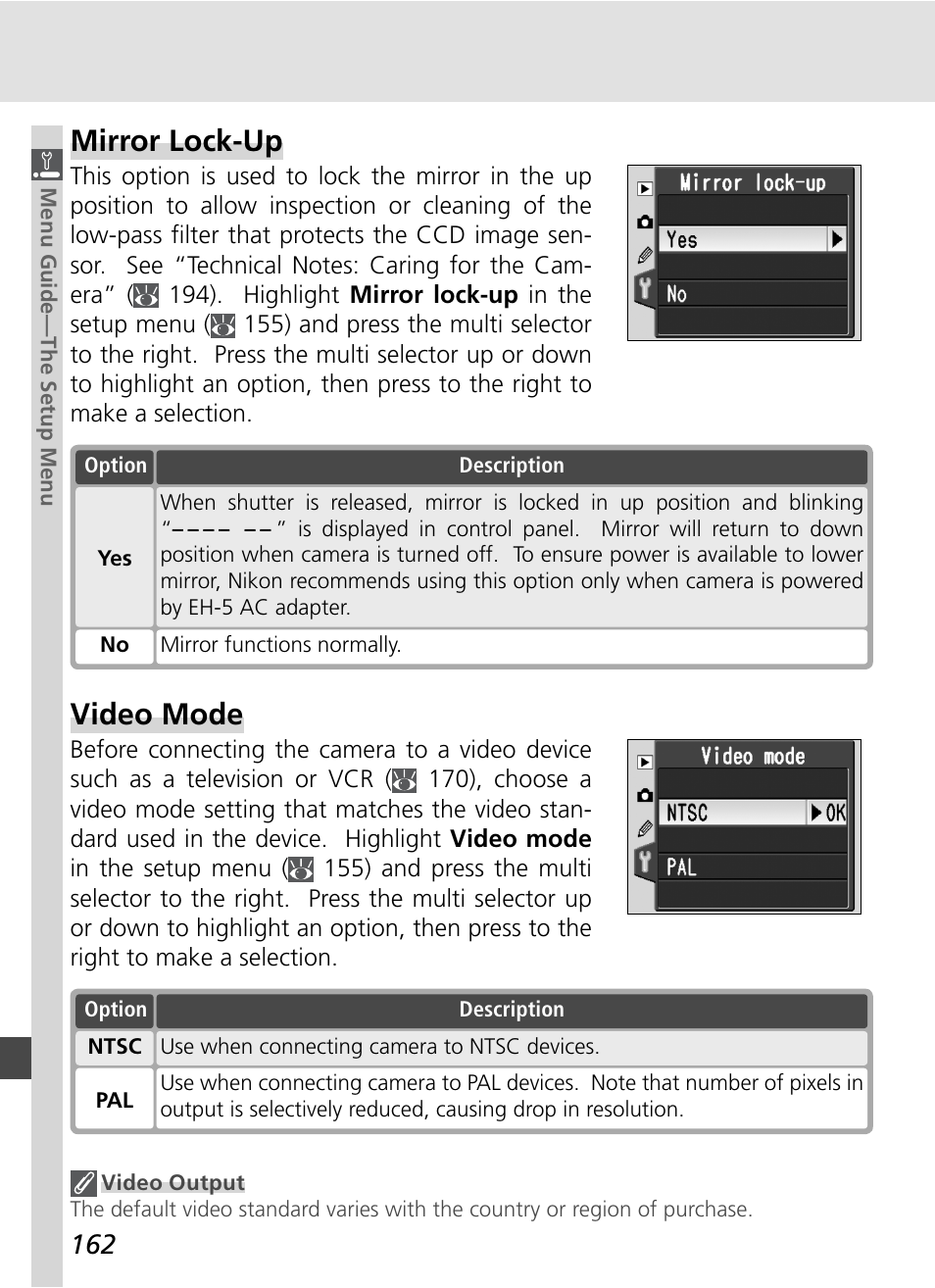 Mirror lock-up, Video mode | Nikon D70S User Manual | Page 172 / 219