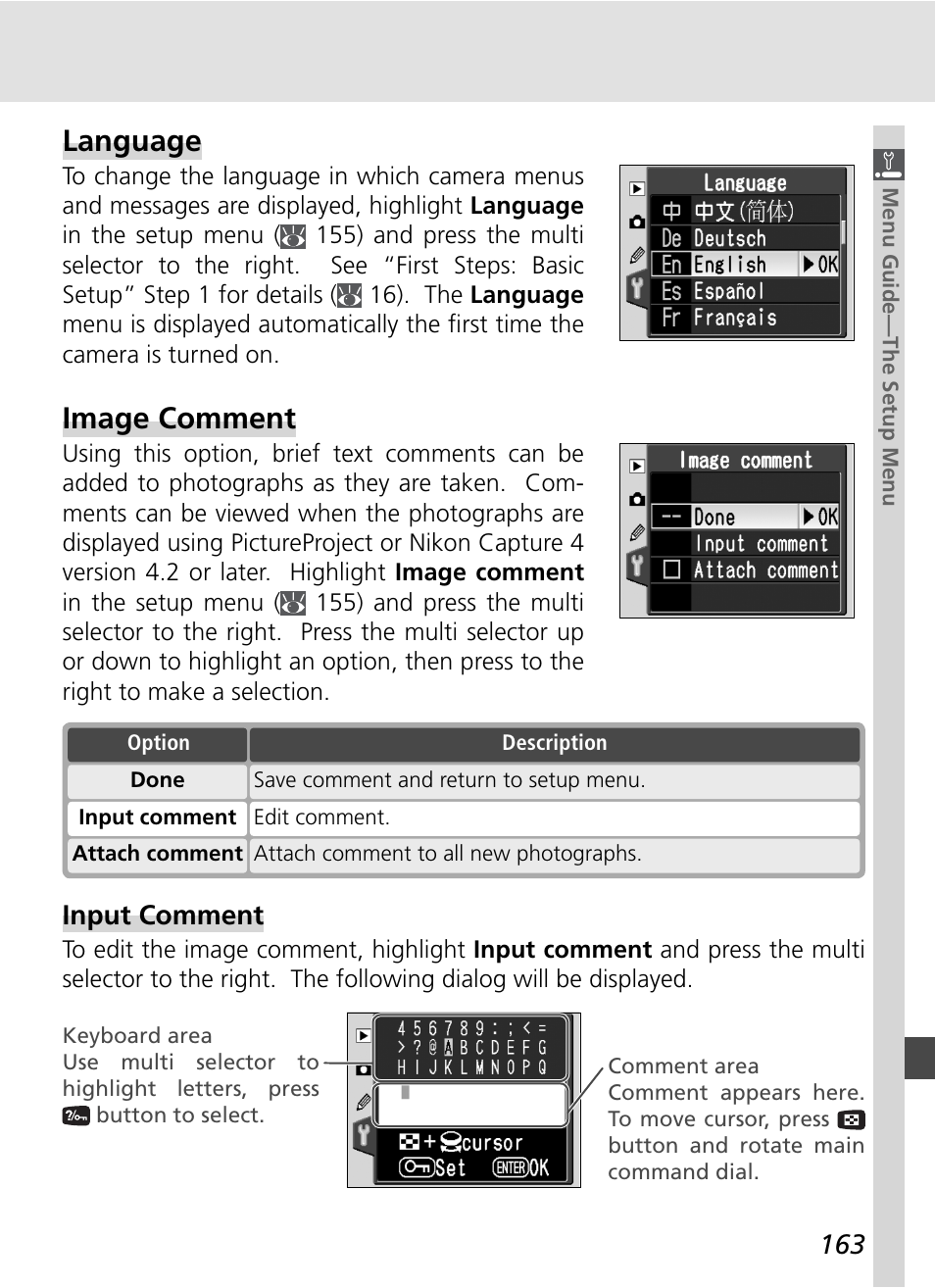 Language, Image comment, Input comment | Nikon D70S User Manual | Page 173 / 219