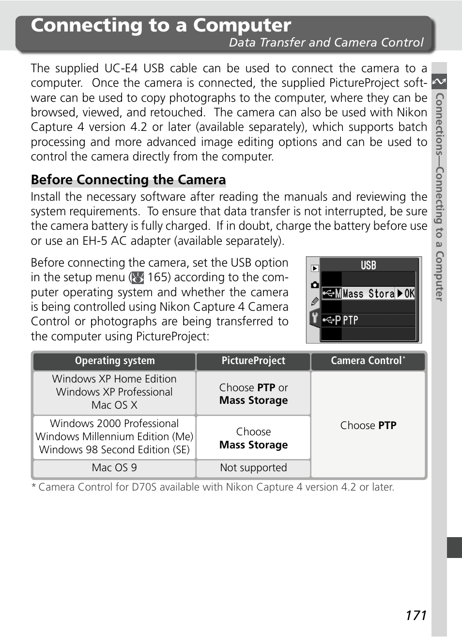 Connecting to a computer, Before connecting the camera | Nikon D70S User Manual | Page 181 / 219