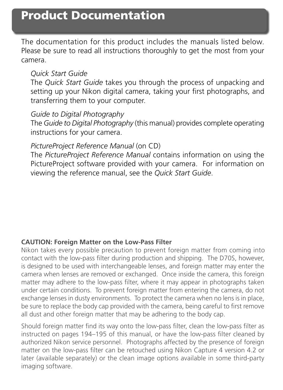 Product documentation | Nikon D70S User Manual | Page 2 / 219