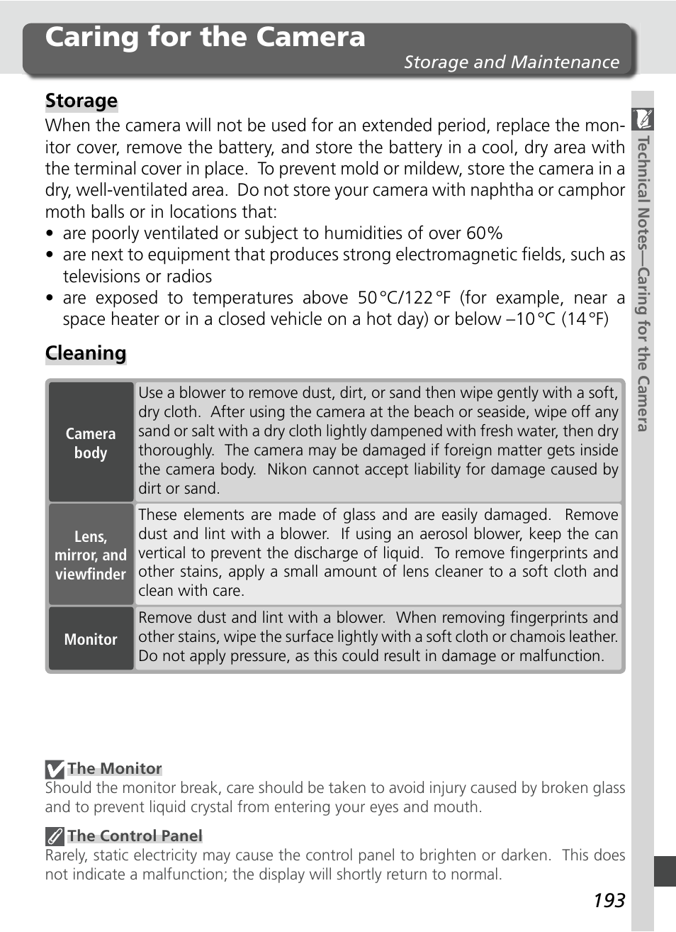 Caring for the camera, Storage, Cleaning | Nikon D70S User Manual | Page 203 / 219