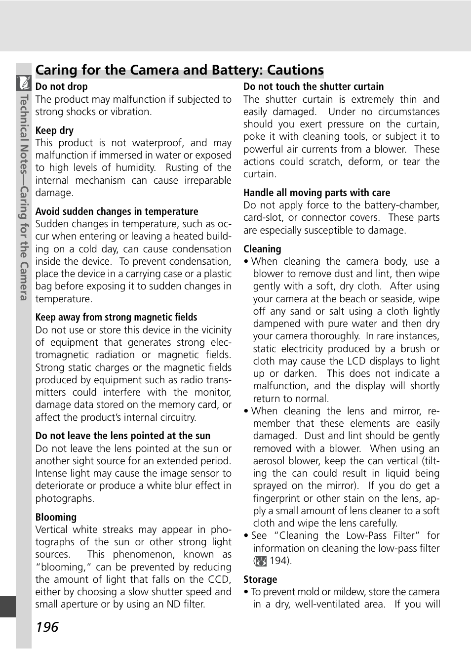 Caring for the camera and battery: cautions | Nikon D70S User Manual | Page 206 / 219