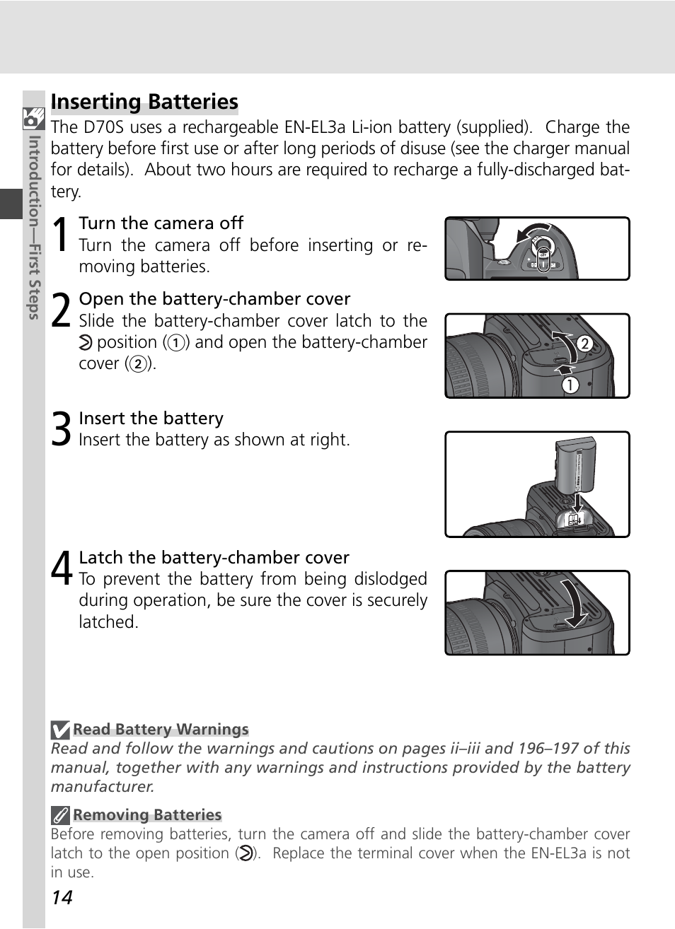 Inserting batteries | Nikon D70S User Manual | Page 24 / 219