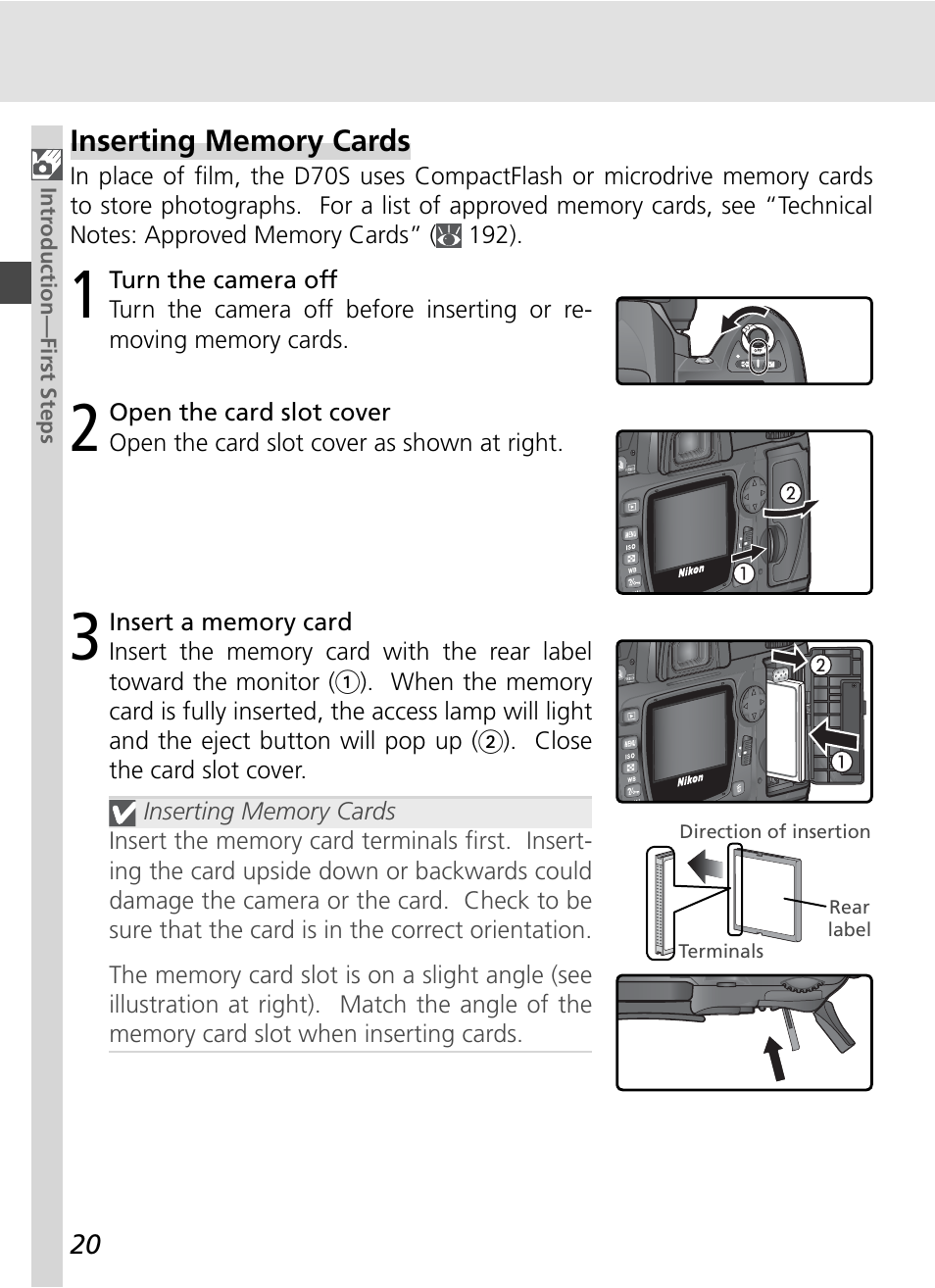 Inserting memory cards | Nikon D70S User Manual | Page 30 / 219