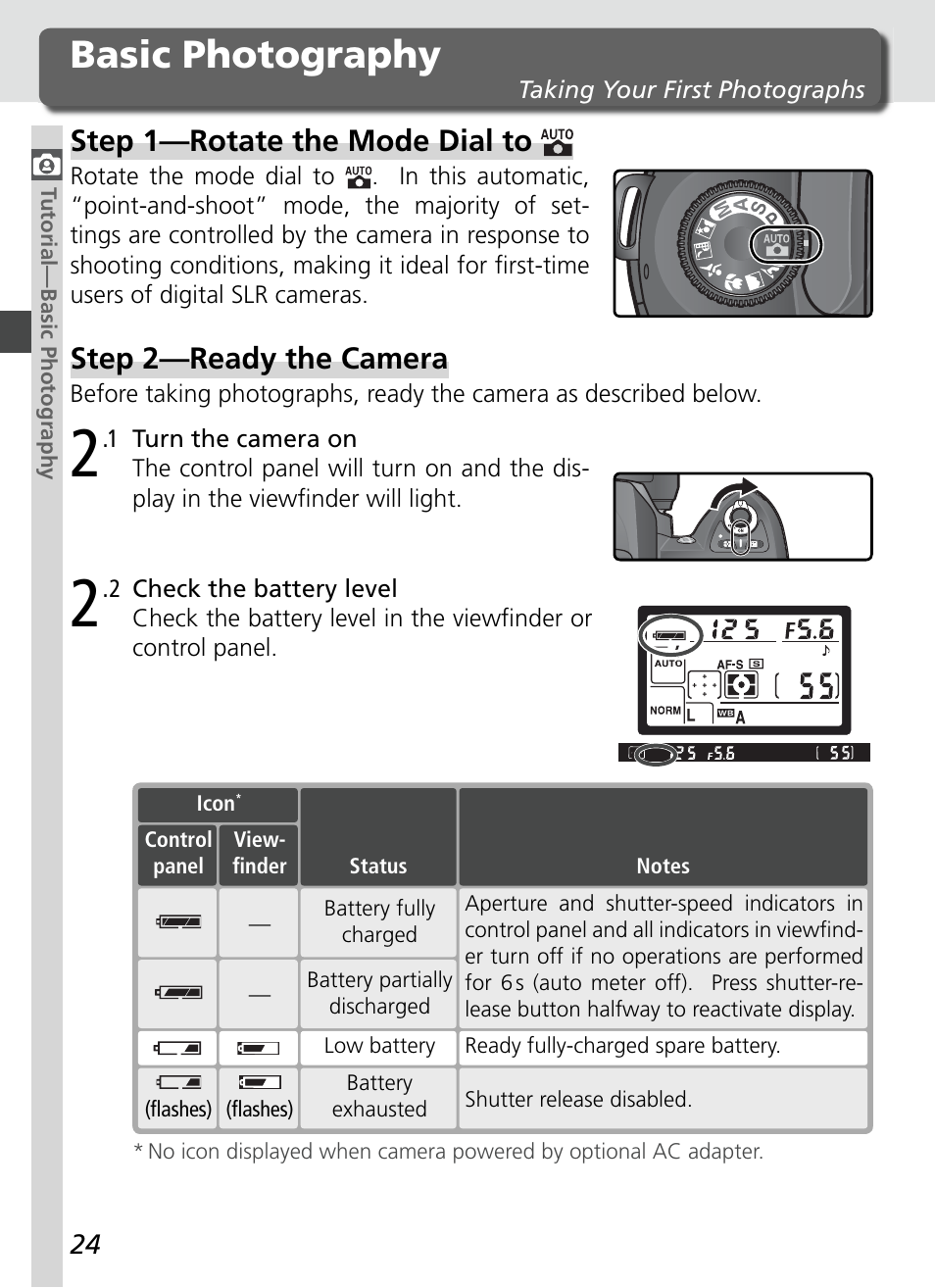 Basic photography, Step 1—rotate the mode dial to, Step 2—ready the camera | Nikon D70S User Manual | Page 34 / 219