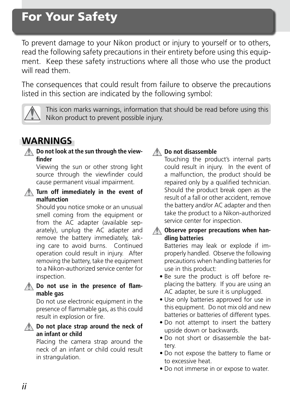 For your safety, Warnings | Nikon D70S User Manual | Page 4 / 219