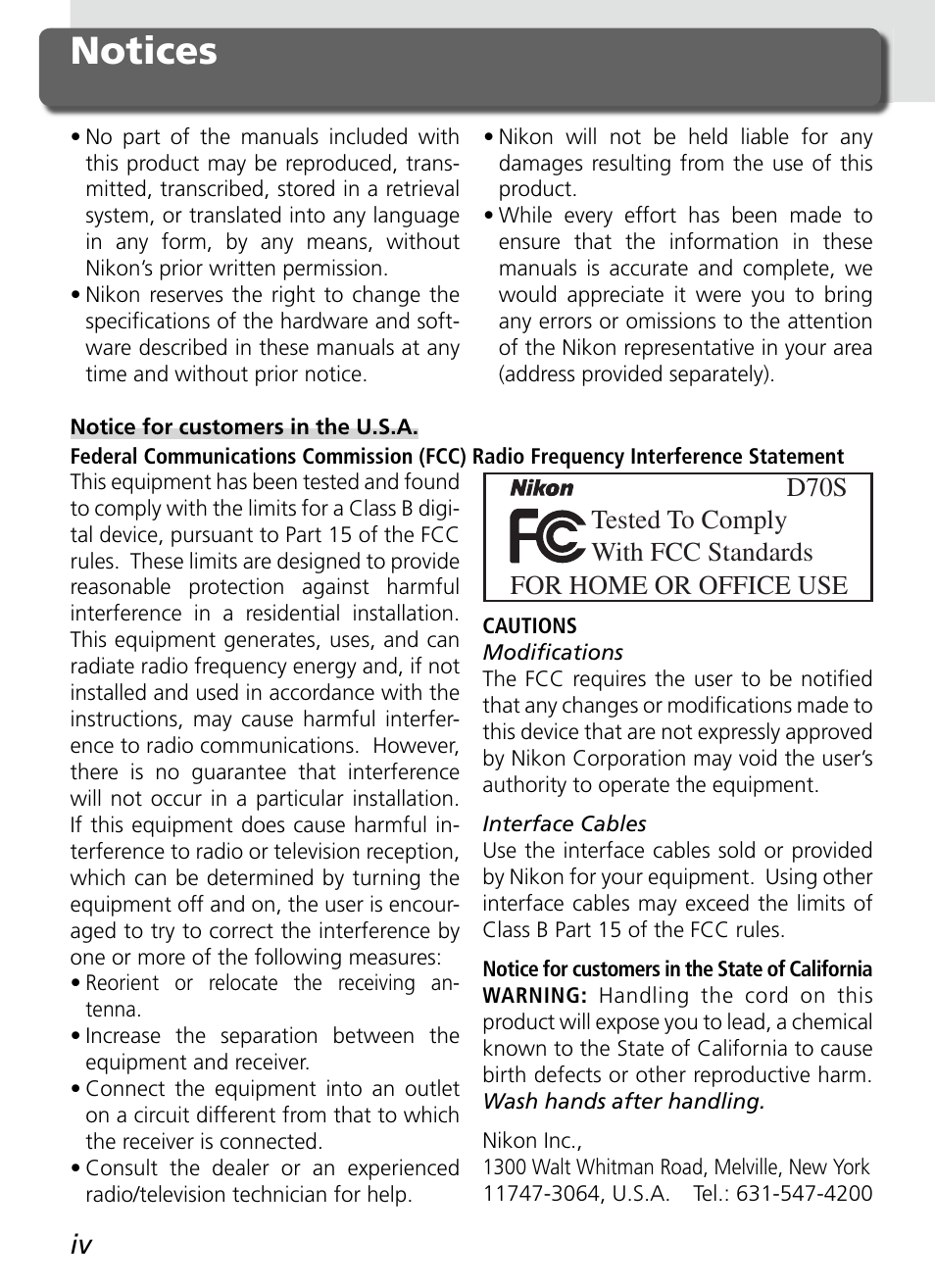 Notices | Nikon D70S User Manual | Page 6 / 219