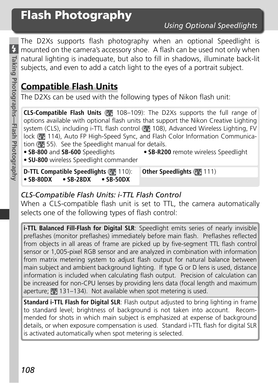 Flash photography, Compatible flash units | Nikon D2Xs User Manual | Page 122 / 288