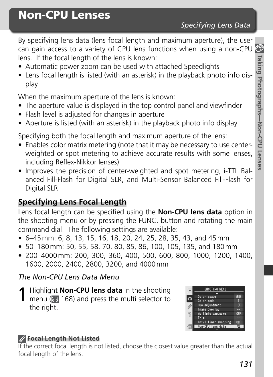 Non-cpu lenses | Nikon D2Xs User Manual | Page 145 / 288