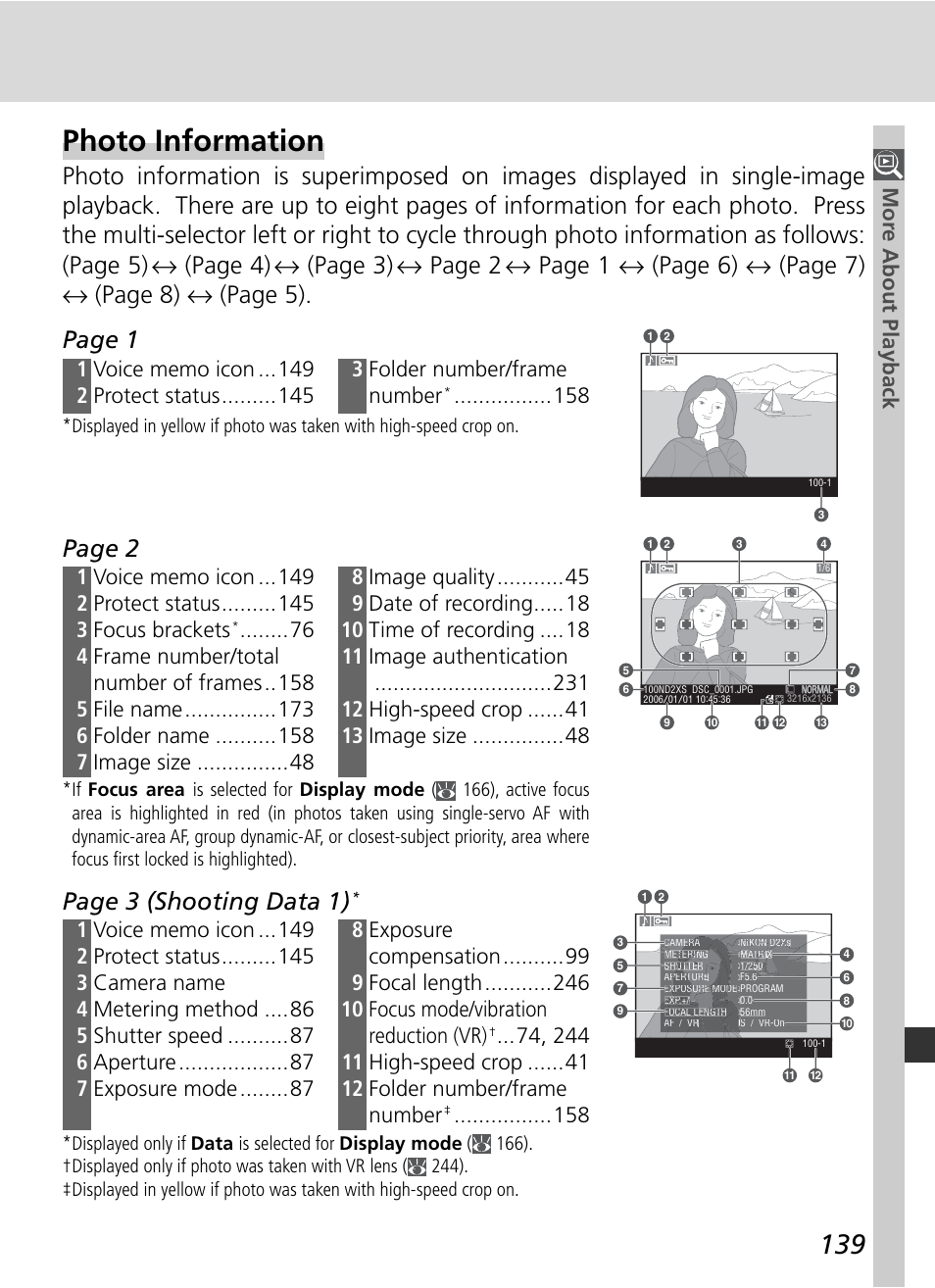 Photo information, Page 2, Page 3 (shooting data 1) | Mor e about playback | Nikon D2Xs User Manual | Page 153 / 288