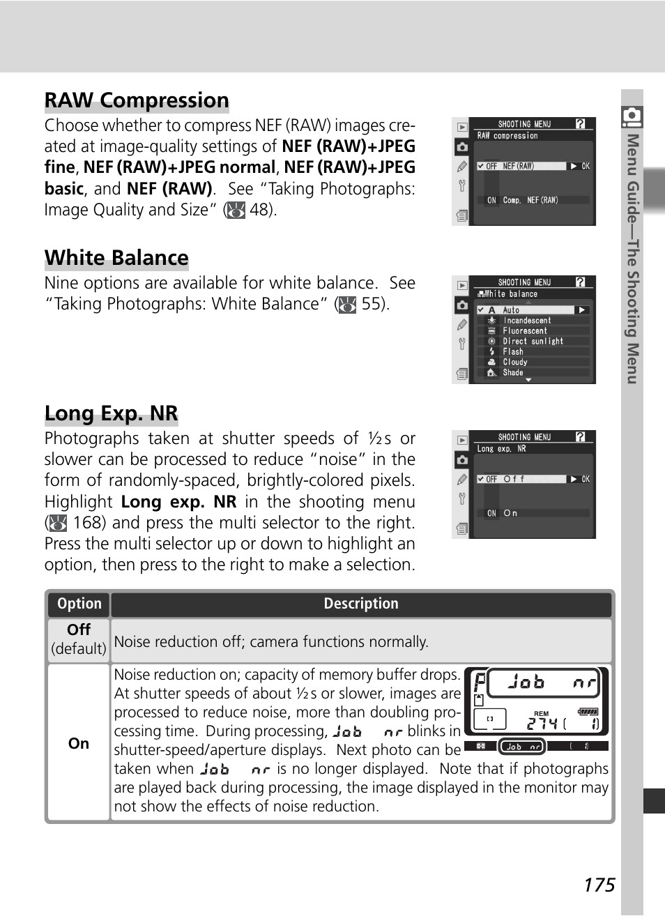 Raw compression, White balance, Long exp. nr | Nikon D2Xs User Manual | Page 189 / 288
