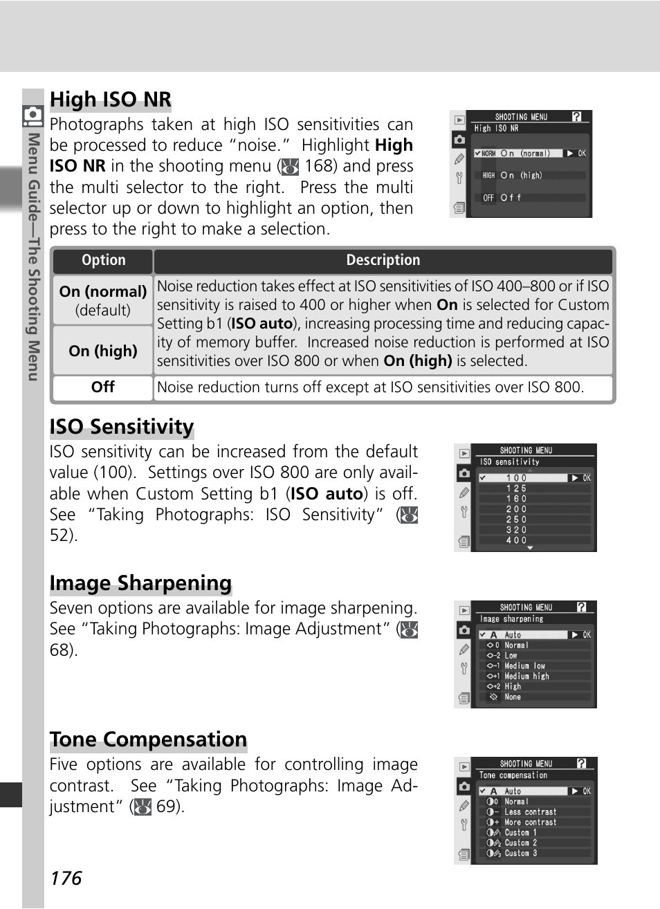 Iso sensitivity, Image sharpening, Tone compensation | High iso nr | Nikon D2Xs User Manual | Page 190 / 288