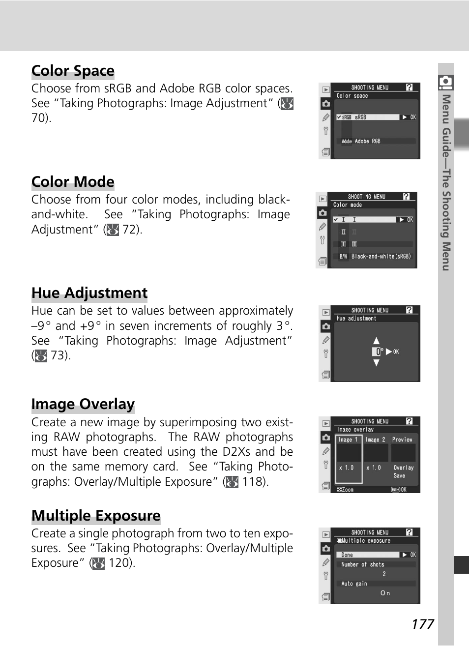 Color space, Color mode, Hue adjustment | Multiple exposure, Image overlay | Nikon D2Xs User Manual | Page 191 / 288