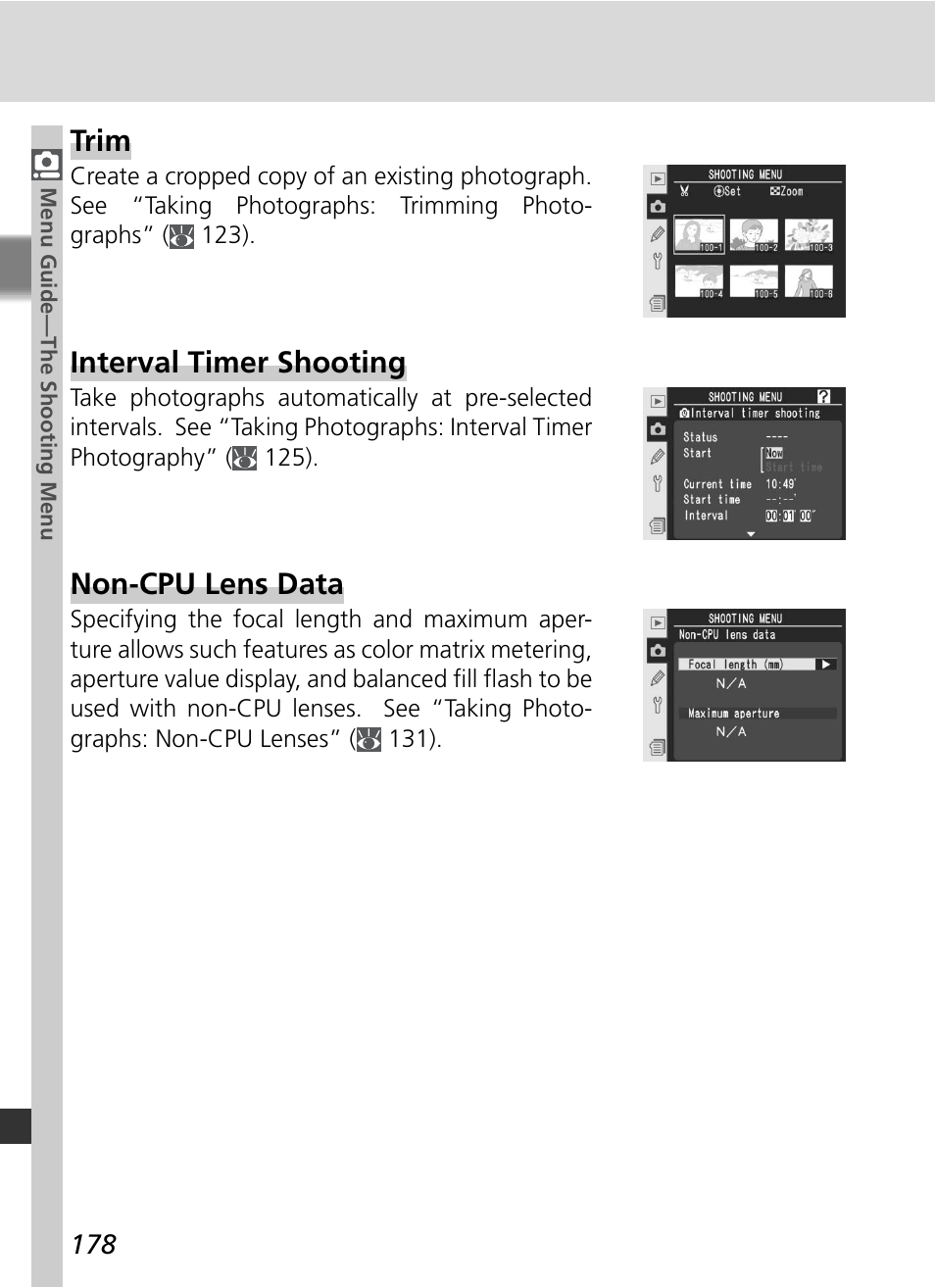 Interval timer shooting, Non-cpu lens data, Trim | Nikon D2Xs User Manual | Page 192 / 288