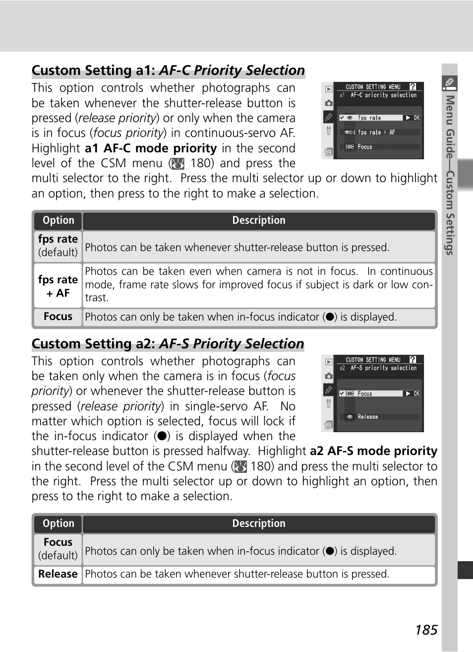 Custom setting a1: af-c priority selection, Custom setting a2: af-s priority selection | Nikon D2Xs User Manual | Page 199 / 288