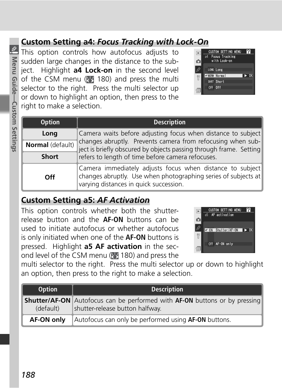 Custom setting a4: focus tracking with lock-on, Custom setting a5: af activation | Nikon D2Xs User Manual | Page 202 / 288