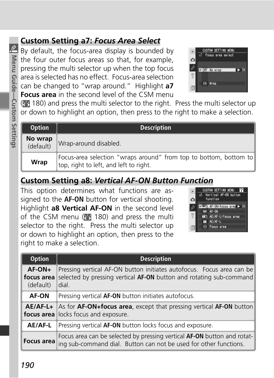 Custom setting a8: vertical af-on button function, Custom setting a7: focus area select | Nikon D2Xs User Manual | Page 204 / 288