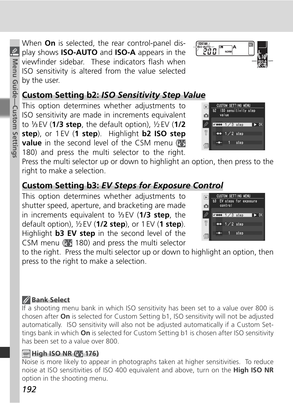 Custom setting b2: iso sensitivity step value, Custom setting b3: ev steps for exposure control | Nikon D2Xs User Manual | Page 206 / 288