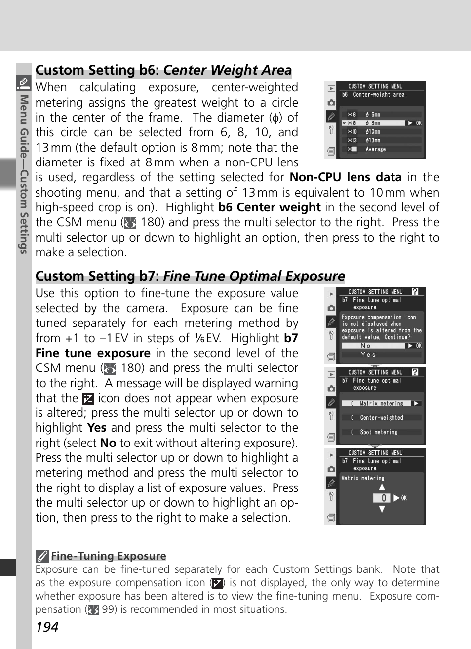 Custom setting b6: center weight area, Custom setting b7: fine tune optimal exposure | Nikon D2Xs User Manual | Page 208 / 288