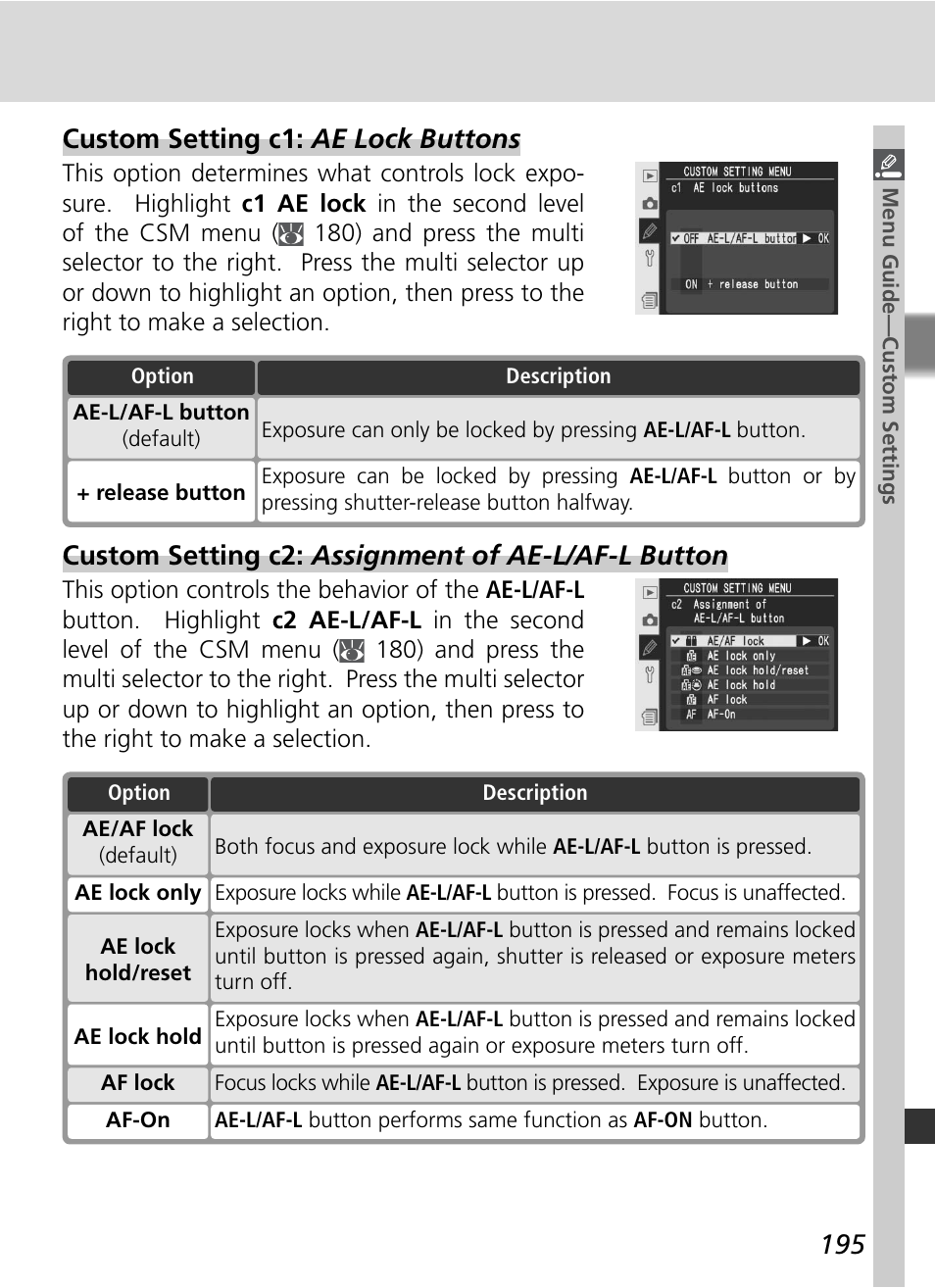 Custom setting c2: assignment of ae-l/af-l button, Custom setting c1: ae lock buttons | Nikon D2Xs User Manual | Page 209 / 288