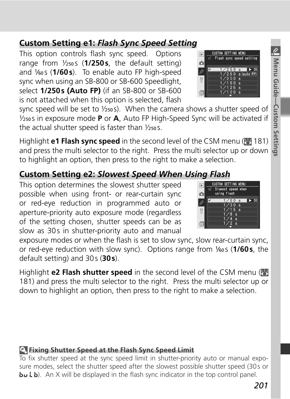 Custom setting e1: flash sync speed setting, Custom setting e2: slowest speed when using flash | Nikon D2Xs User Manual | Page 215 / 288