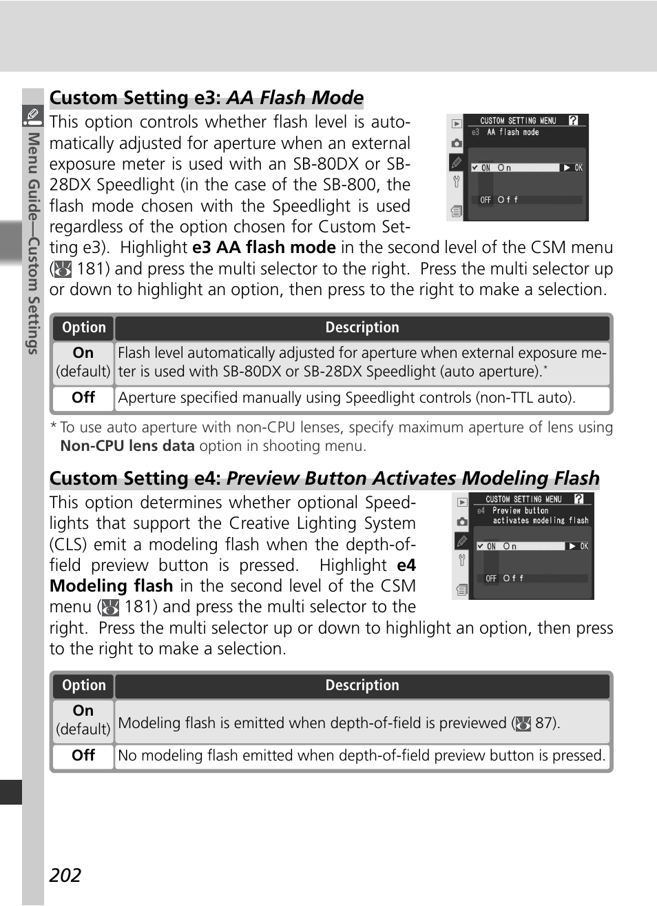 Custom setting e3: aa flash mode | Nikon D2Xs User Manual | Page 216 / 288