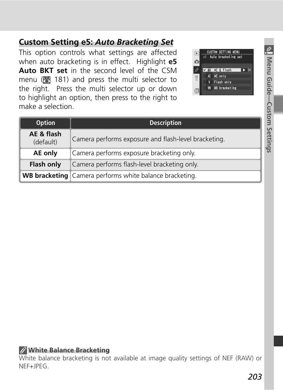 Custom setting e5: auto bracketing set | Nikon D2Xs User Manual | Page 217 / 288