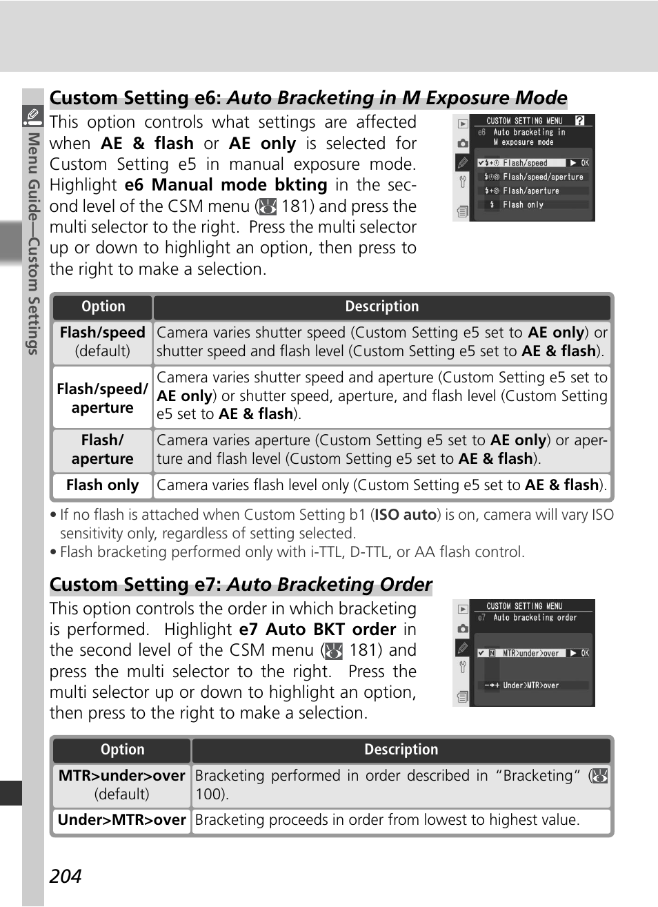 Custom setting e7: auto bracketing order | Nikon D2Xs User Manual | Page 218 / 288