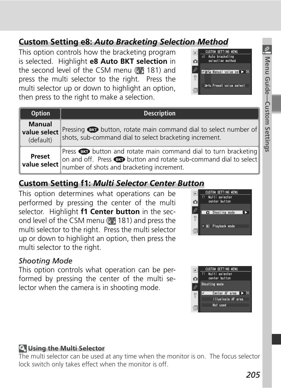 Custom setting f1: multi selector center button | Nikon D2Xs User Manual | Page 219 / 288