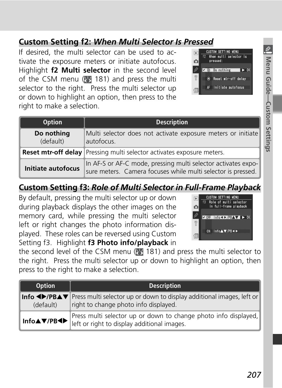 Custom setting f2: when multi selector is pressed | Nikon D2Xs User Manual | Page 221 / 288