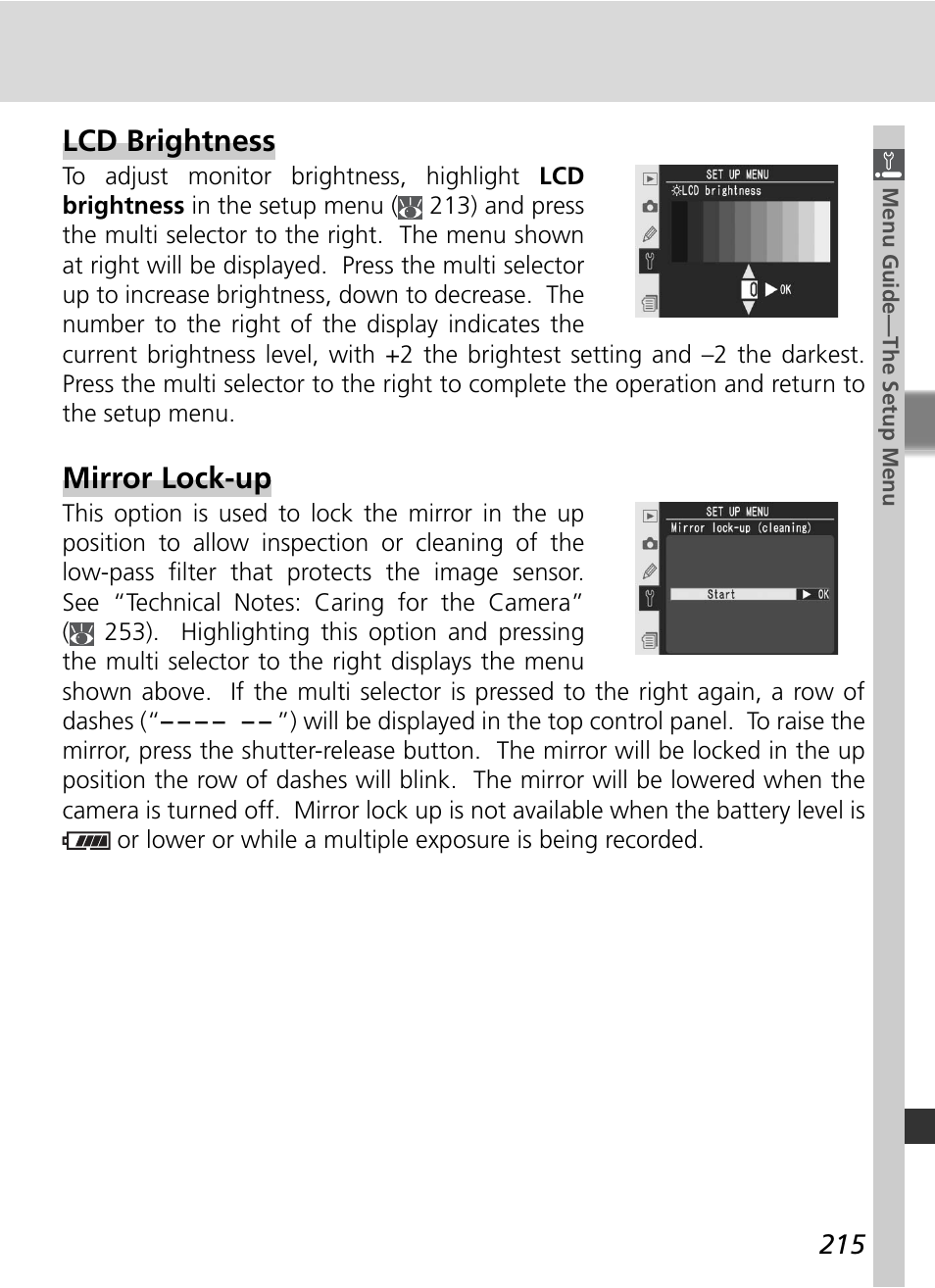 Lcd brightness, Mirror lock-up | Nikon D2Xs User Manual | Page 229 / 288