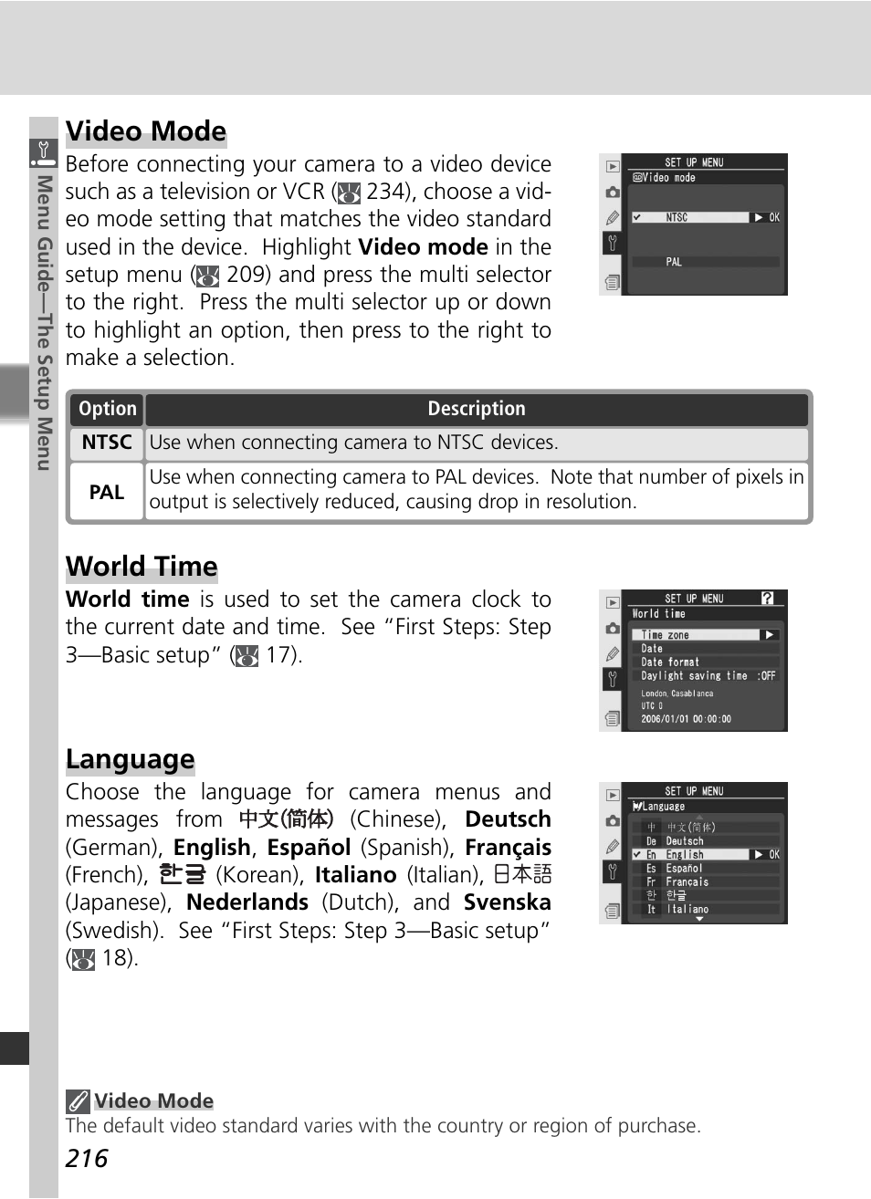 Video mode, World time, Language | Nikon D2Xs User Manual | Page 230 / 288