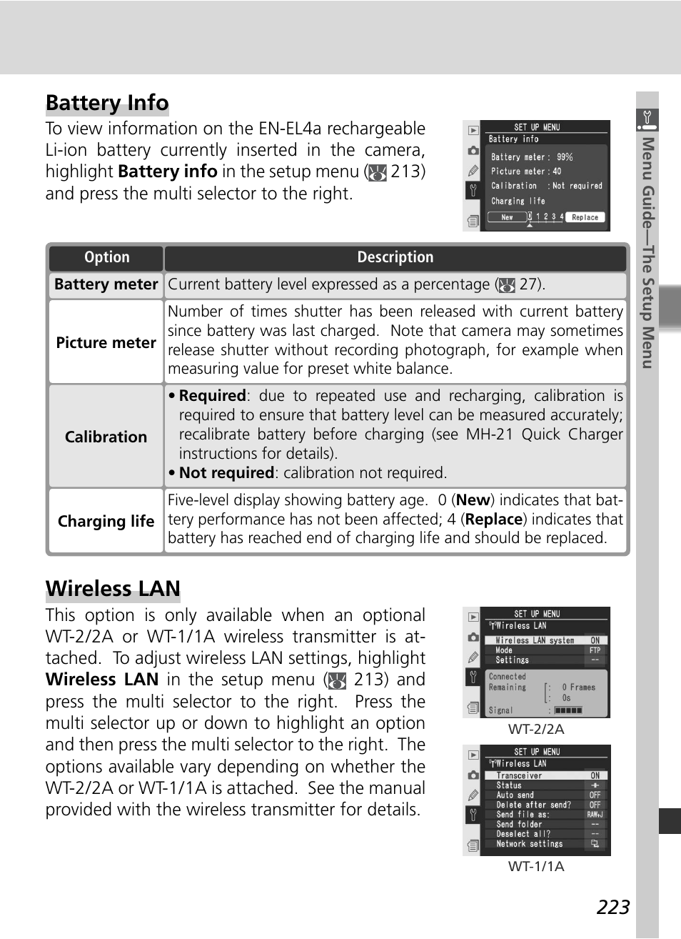 Battery info, Wireless lan | Nikon D2Xs User Manual | Page 237 / 288