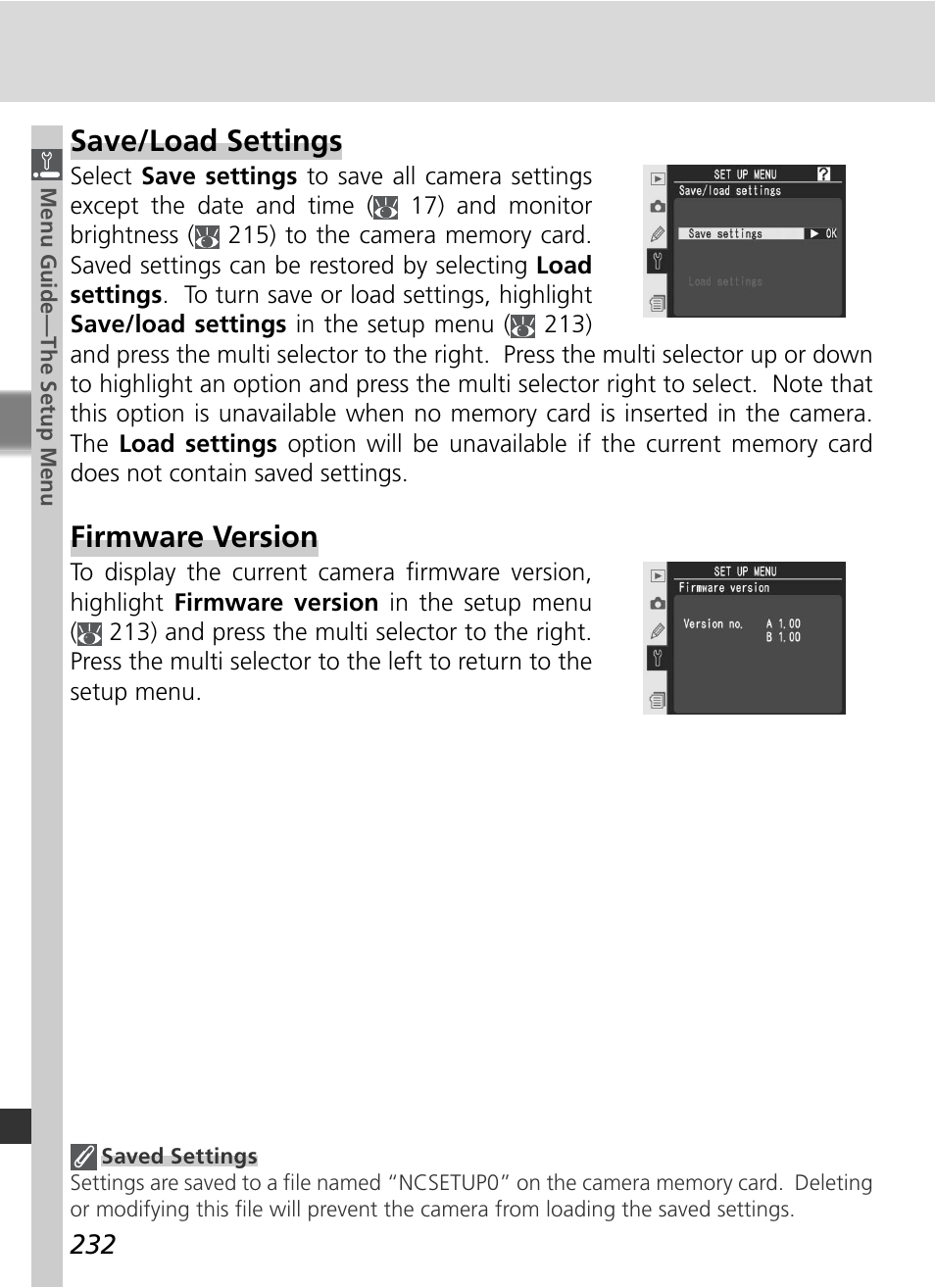 Save/load settings, Firmware version | Nikon D2Xs User Manual | Page 246 / 288