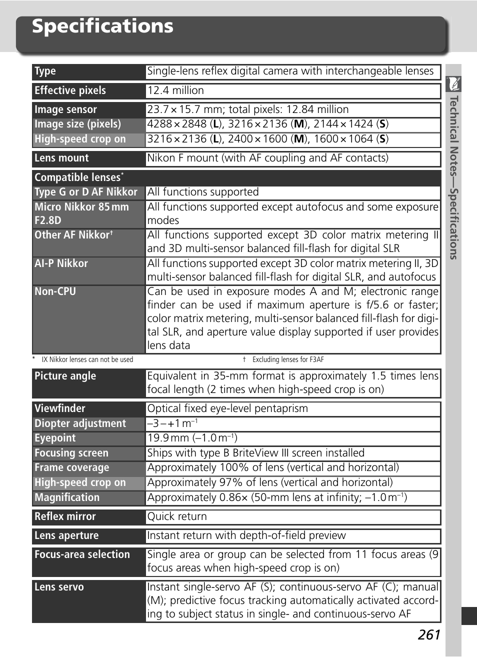 Specifi cations | Nikon D2Xs User Manual | Page 275 / 288