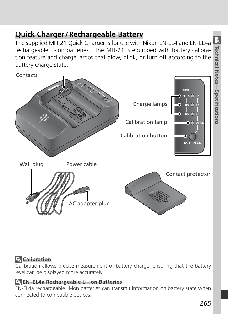 Quick charger / rechargeable battery | Nikon D2Xs User Manual | Page 279 / 288