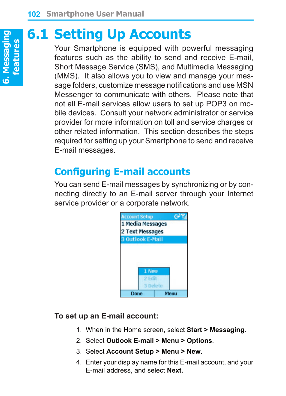 1 setting up accounts, Configuring e-mail accounts | Audiovox SMT5600 User Manual | Page 102 / 211