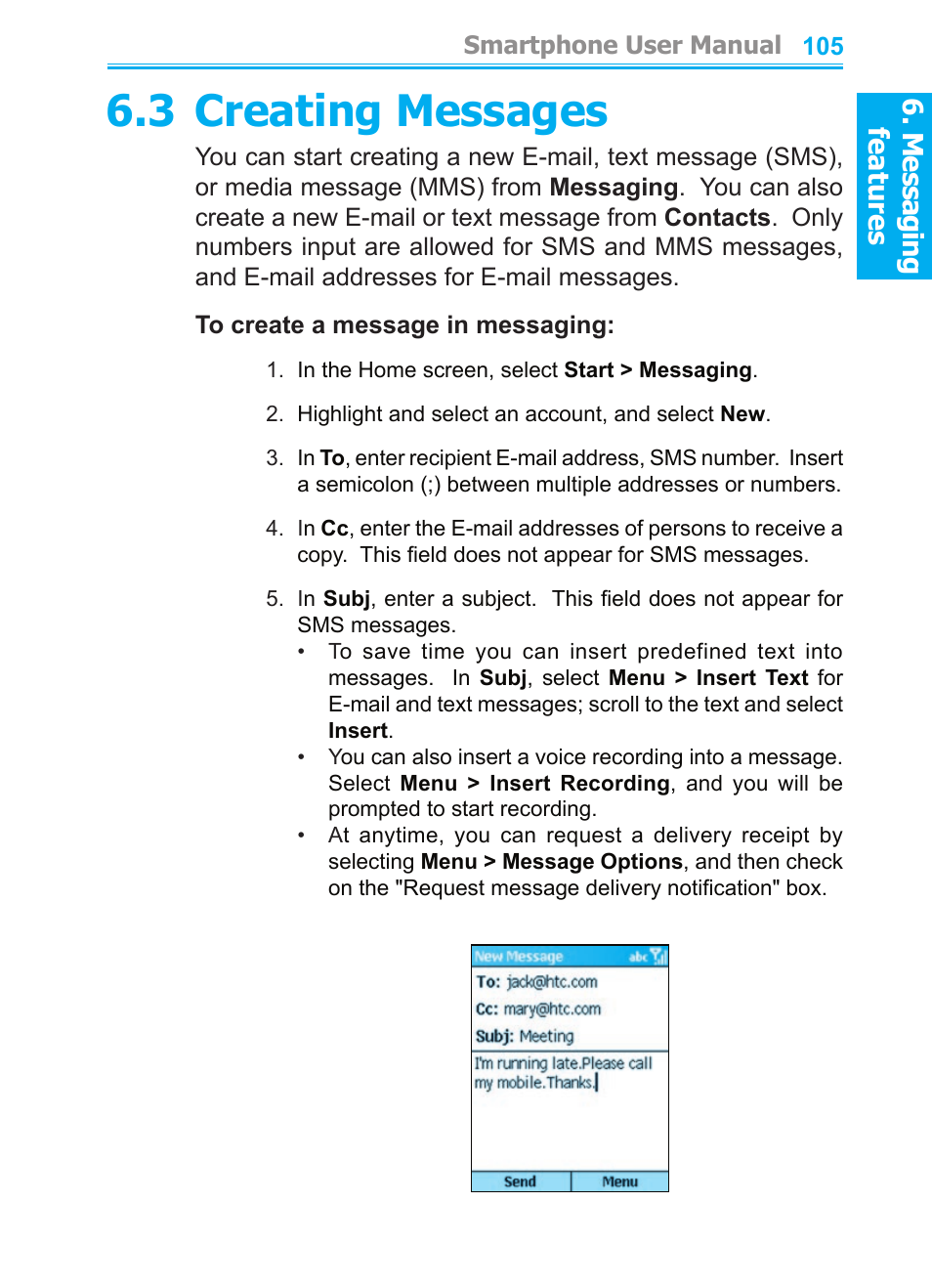 3 creating messages, M es sa gi ng features, M es sa gin g features | Audiovox SMT5600 User Manual | Page 105 / 211