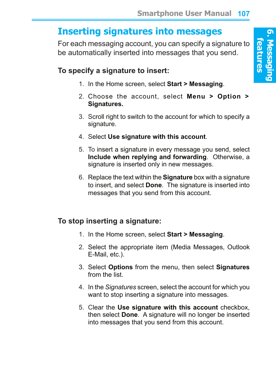 Inserting signatures into messages, M es sa gi ng features, M es sa gin g features | Audiovox SMT5600 User Manual | Page 107 / 211