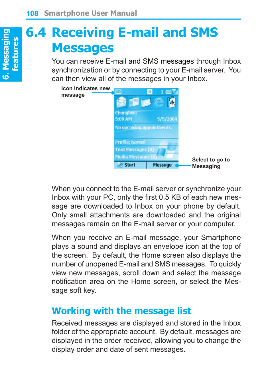 4 receiving e-mail, and sms messages, 4 receiving e-mail and sms messages, Working with the message list | Audiovox SMT5600 User Manual | Page 108 / 211