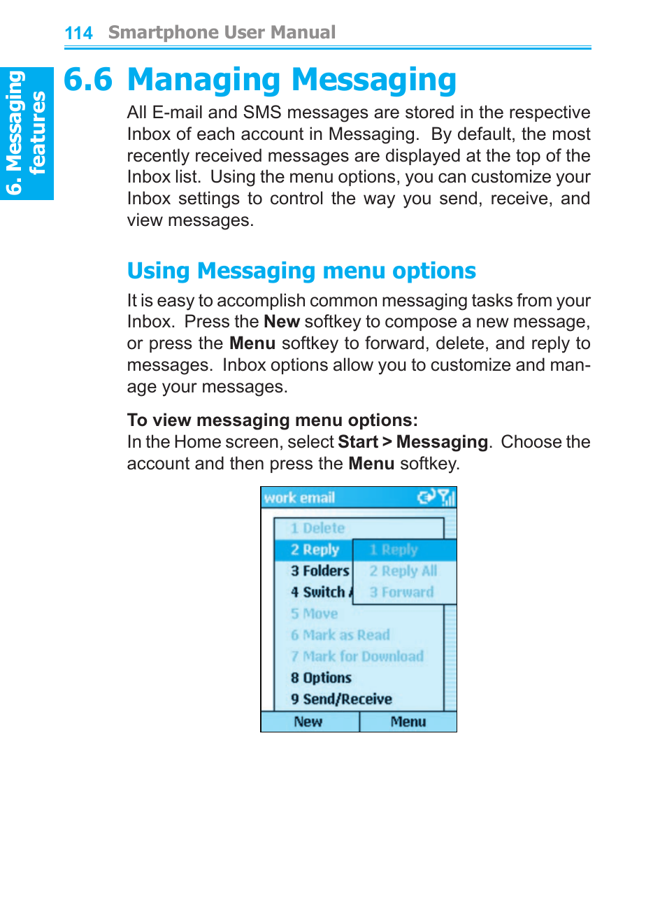 6 managing messaging, Using messaging menu options | Audiovox SMT5600 User Manual | Page 114 / 211