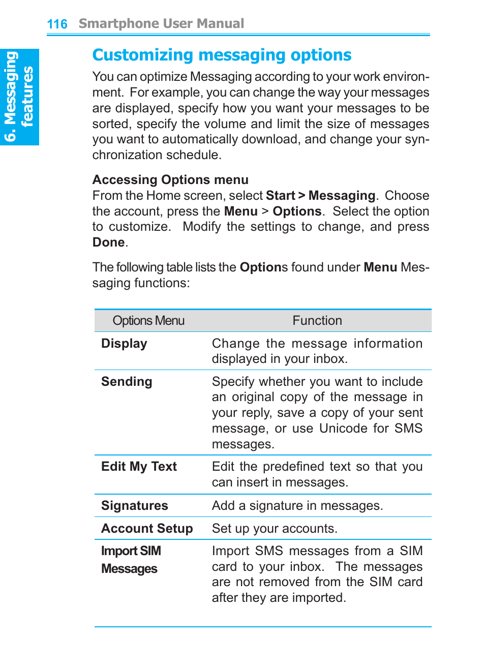 Customizing messaging options | Audiovox SMT5600 User Manual | Page 116 / 211